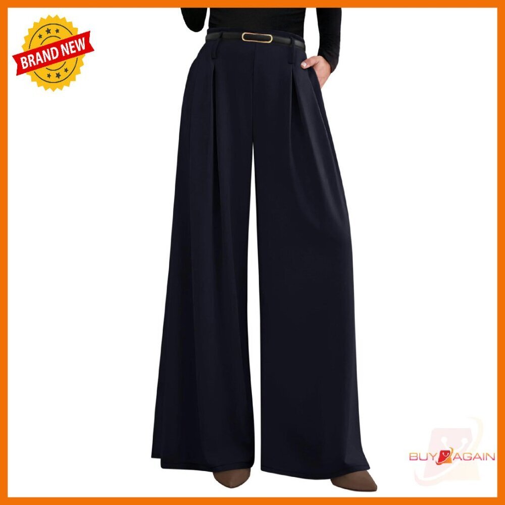 Wide Leg Palazzo Pants High Elastic Waist Pleated Work Trousers With Pockets